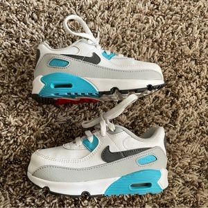 Nike Air Max 90 Leather White Grey Chlorine Blue Toddler Shoes 8C CD6868-108